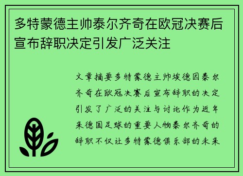 多特蒙德主帅泰尔齐奇在欧冠决赛后宣布辞职决定引发广泛关注